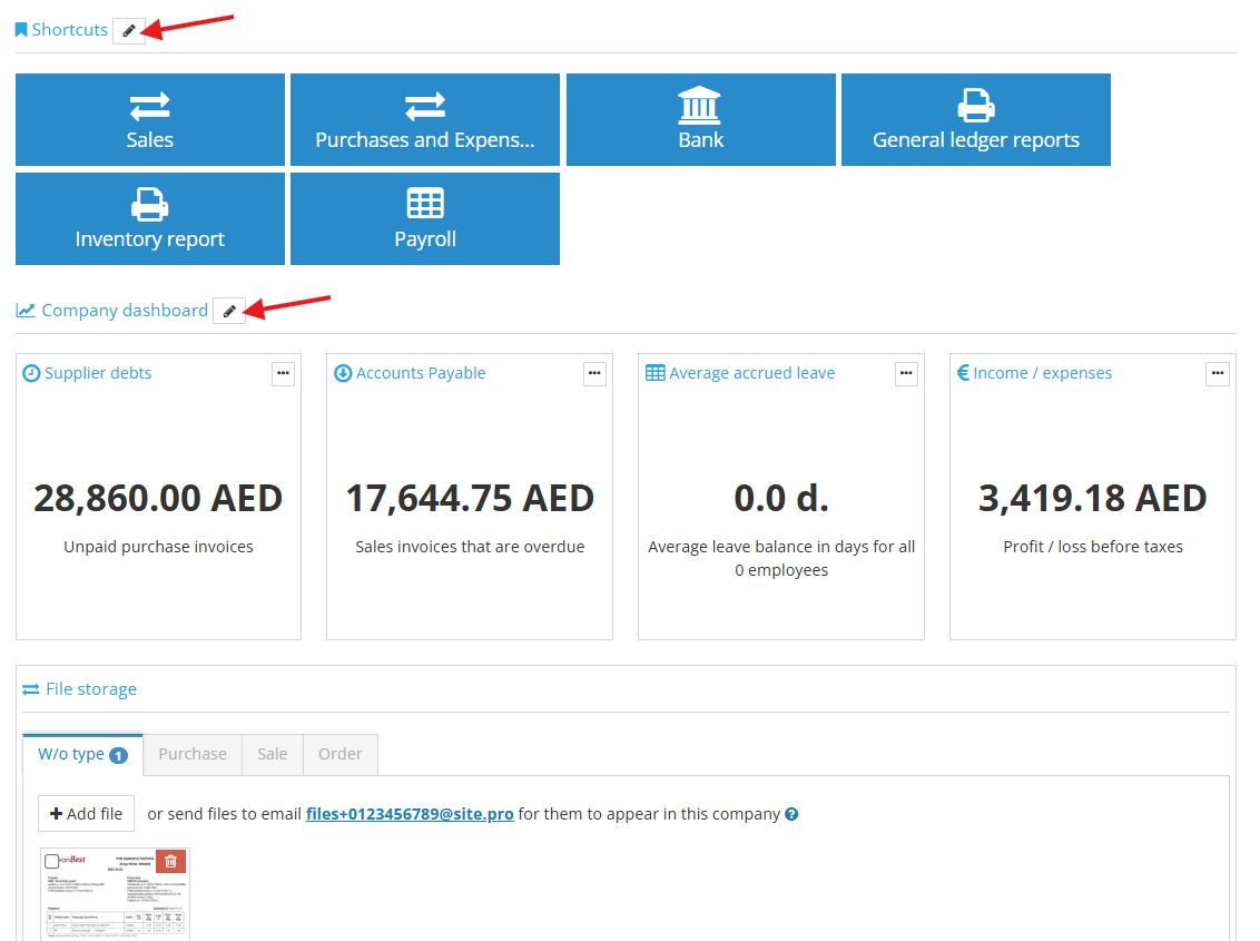 Quick links and company dashboard personalization
